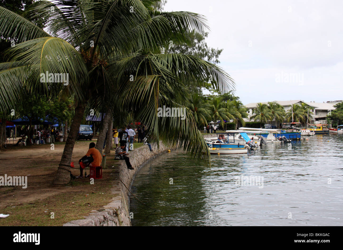 people relaxing alongside of the river,victoria,mahe,seychelles,africa Stock Photo