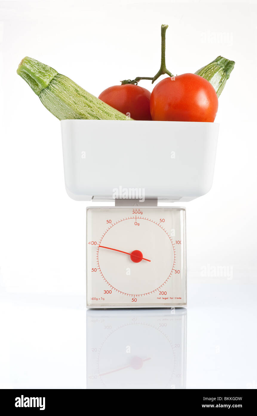 vegetables on kitchen scale isolated on white background with clipping