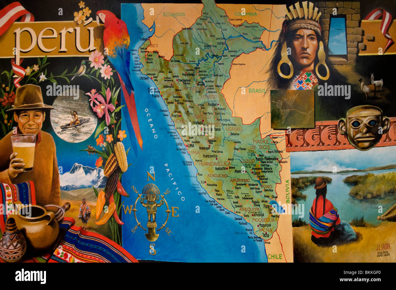 Peru Peruvian South America Indian Painting Map Stock Photo