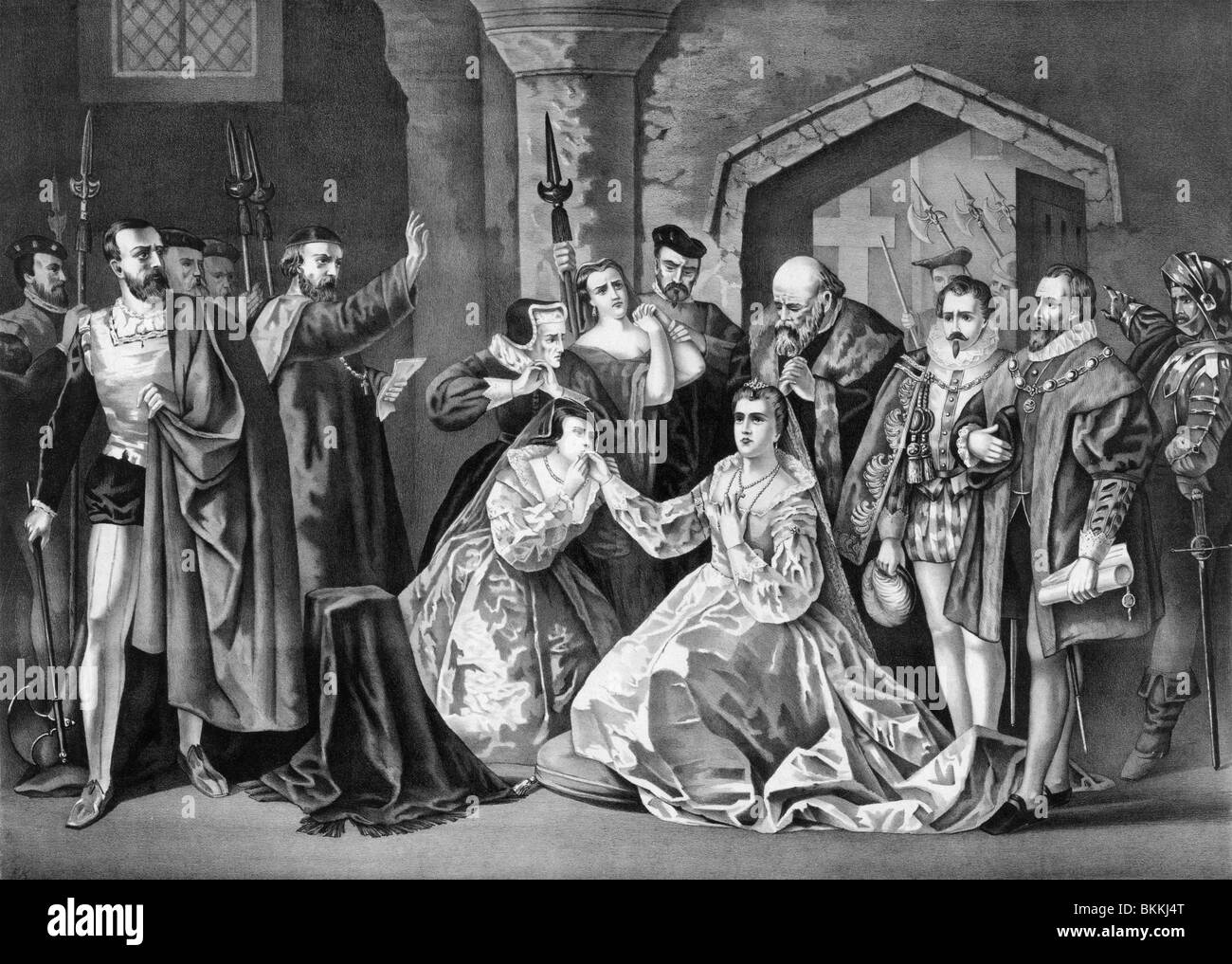 Vintage print depicting Mary I of Scotland, also known as Mary Queen of Scots, preparing to be executed for treason in 1587. Stock Photo