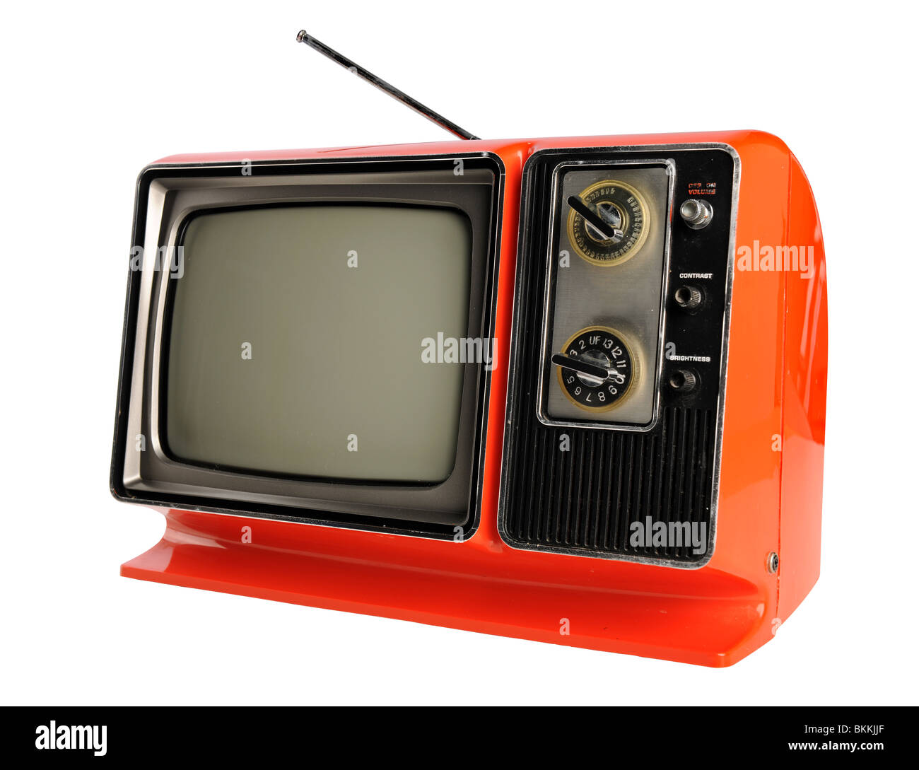 Orange vintage television with antenna isolated over white background