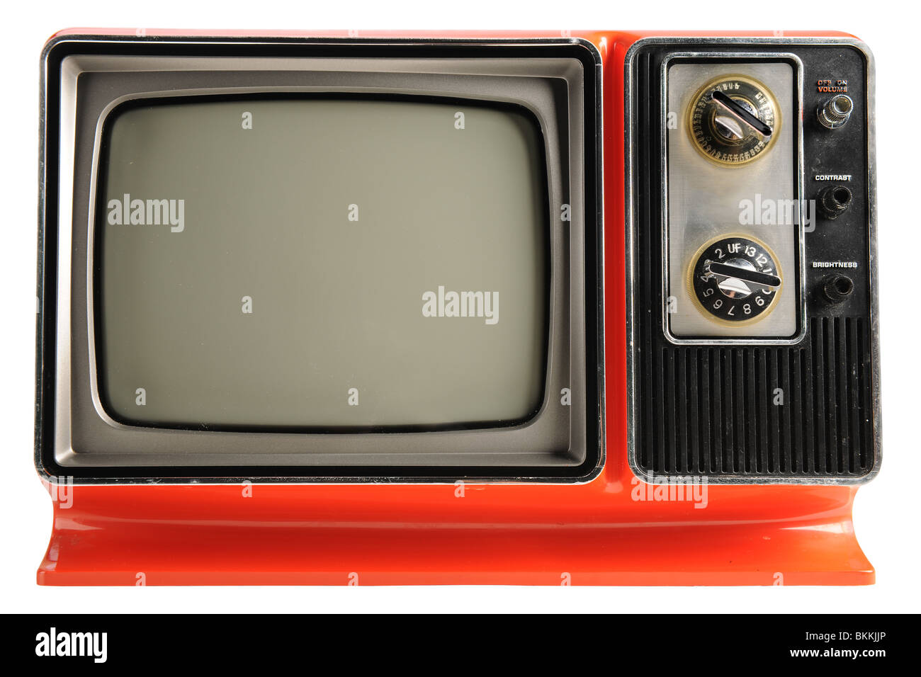 Orange vintage television from the 1970s isolated over white background