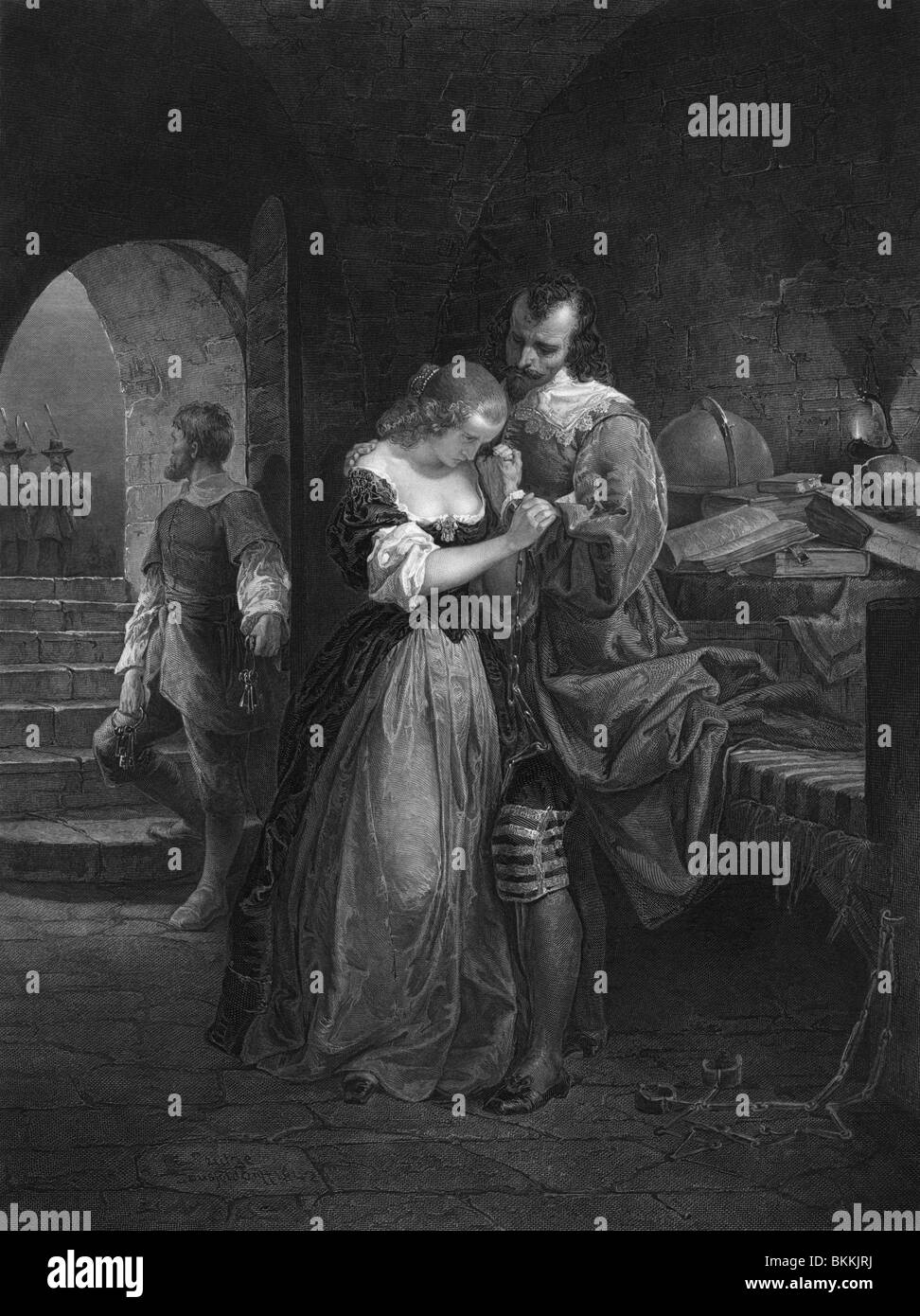 Vintage print depicting Sir Walter Raleigh bidding farewell to his wife on the morning of his execution for treason in 1618. Stock Photo