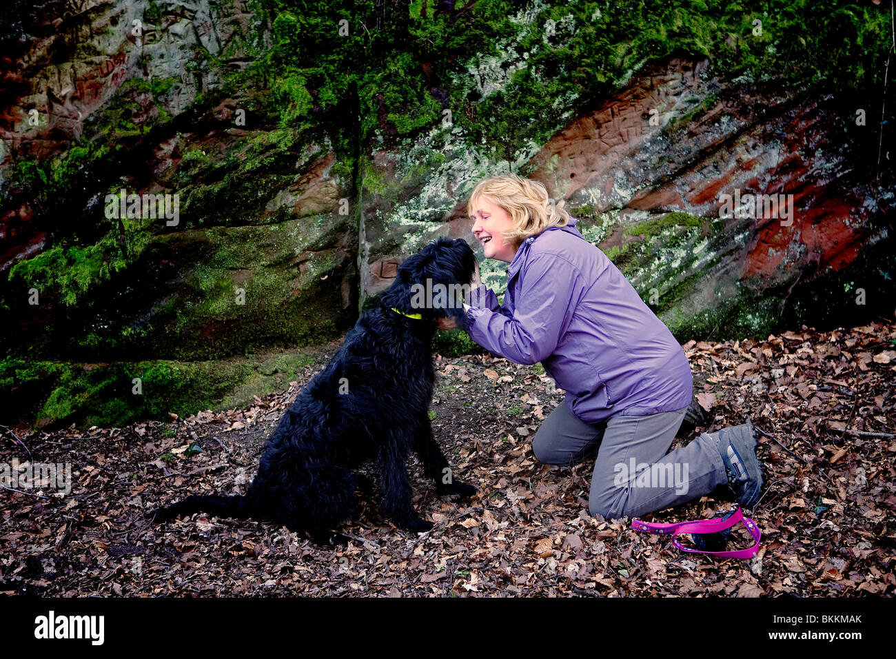 Woman plays with her Labradoodle pet dog whilst in front of rocks on a country walk Stock Photo