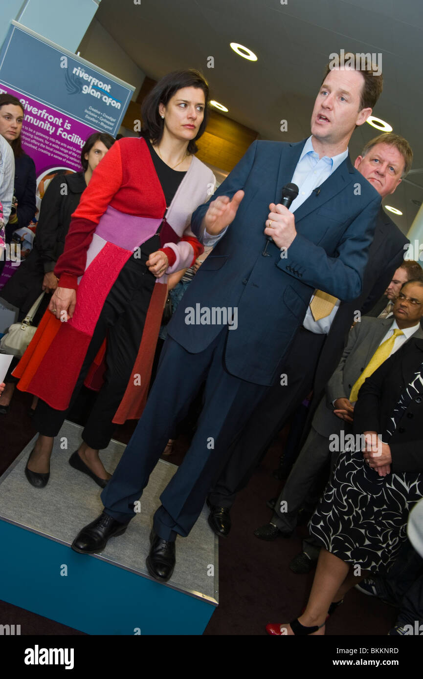 Liberal Democrats leader Nick Clegg and wife Miriam giving a speech on soapbox while on a campaign visit to Newport South Wales Stock Photo