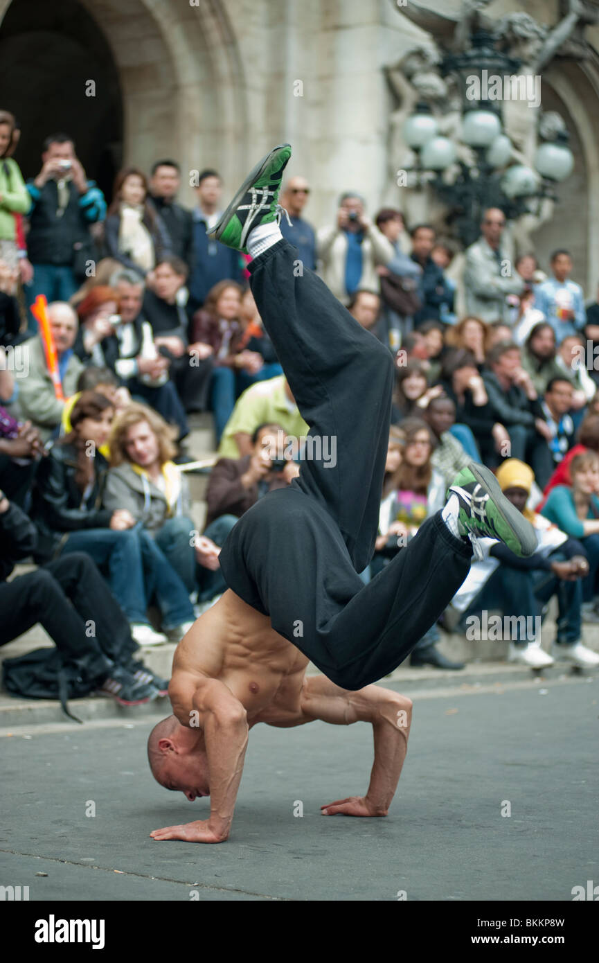Large Crowd of People, Audience, Watching Male Break Dancer, Street performers, Paris France Stock Photo