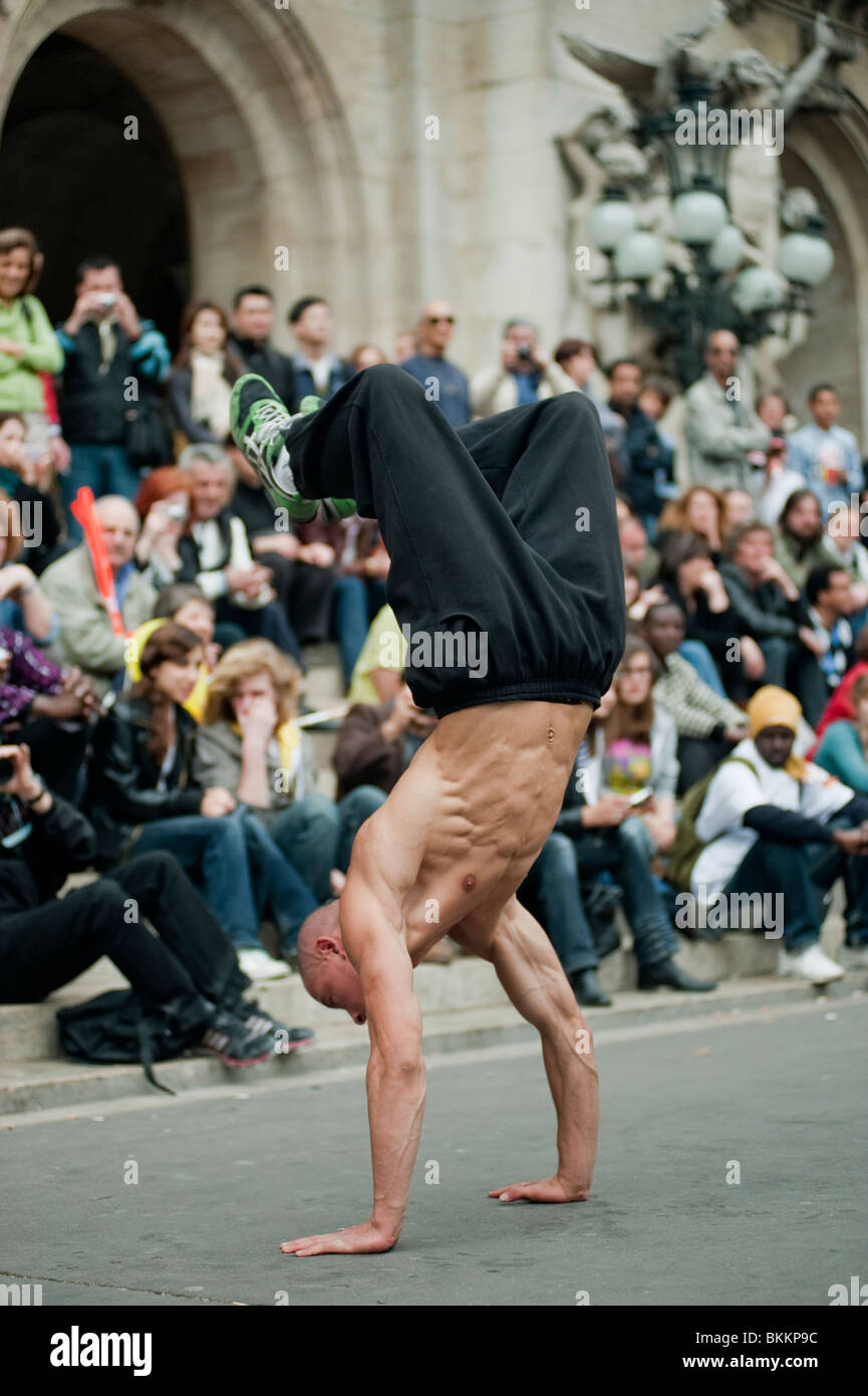 Large Crowd of People, Audience, Watching Break Dancers Street performers, Paris France, hip hop dancers paris performer Stock Photo