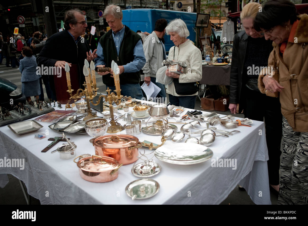 People Shopping for 'Second Hand' Household Objects on Street Garage Sale, Paris, France, Brocante vintage Stock Photo