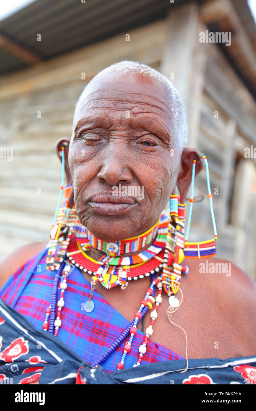 Kenya, Africa, village of Makutano, near Amboseli, portrait of elderly Masaai woman Stock Photo