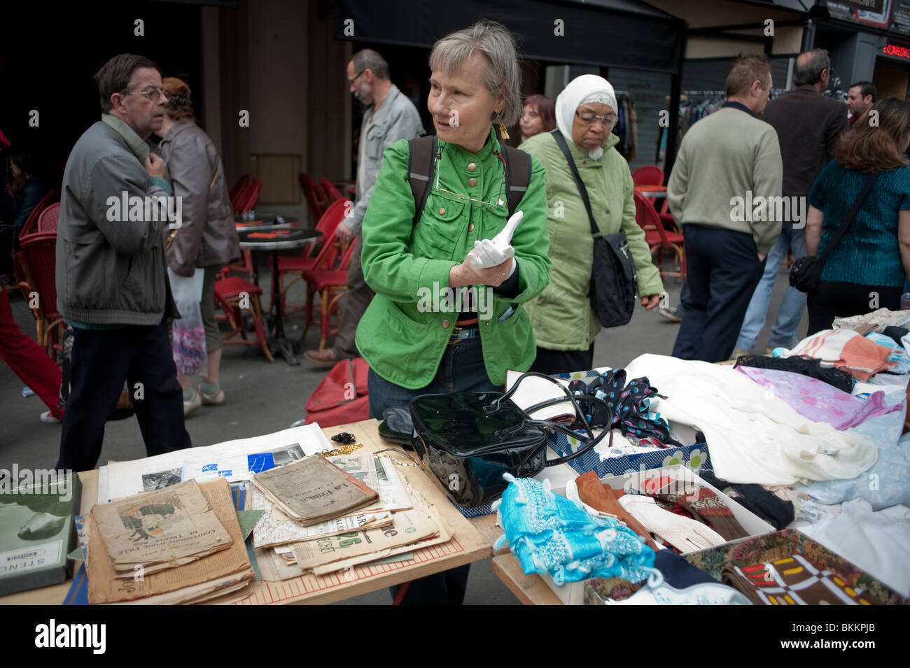 People Shopping for 'Second Hand' Household Objects on Street Garage Sale, Paris, France, Brocante vintage Stock Photo