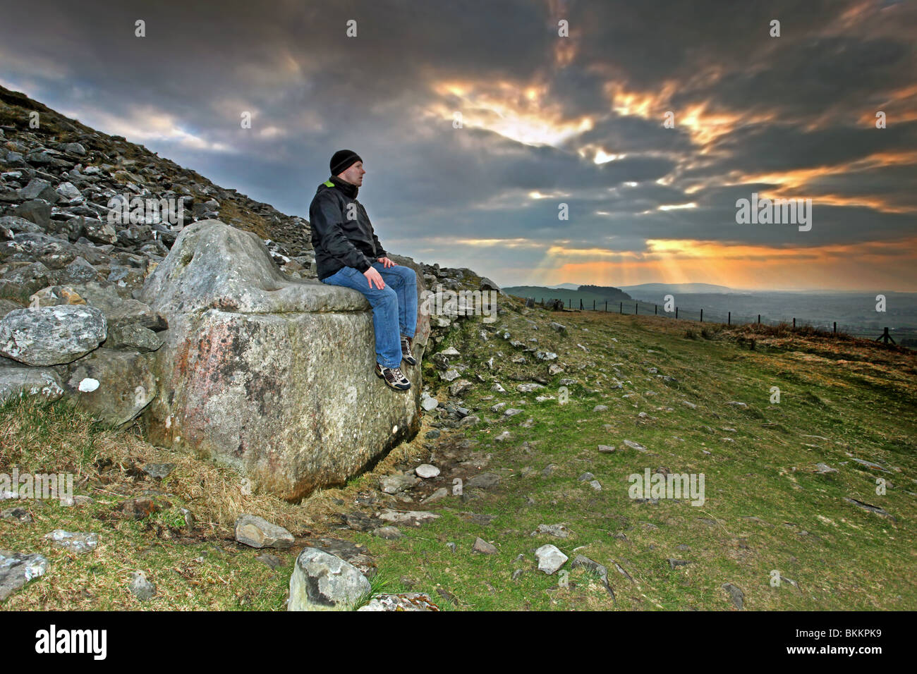 The Hag’s Chair at Loughcrew cairn T with Carnbane West cairn view in