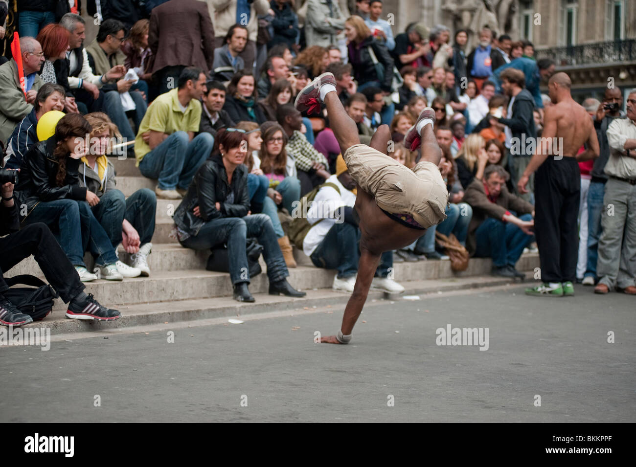 Crowd Watching Break Dancer Street performers, Paris France, audience and performer, black community Paris, hip hop dance Stock Photo