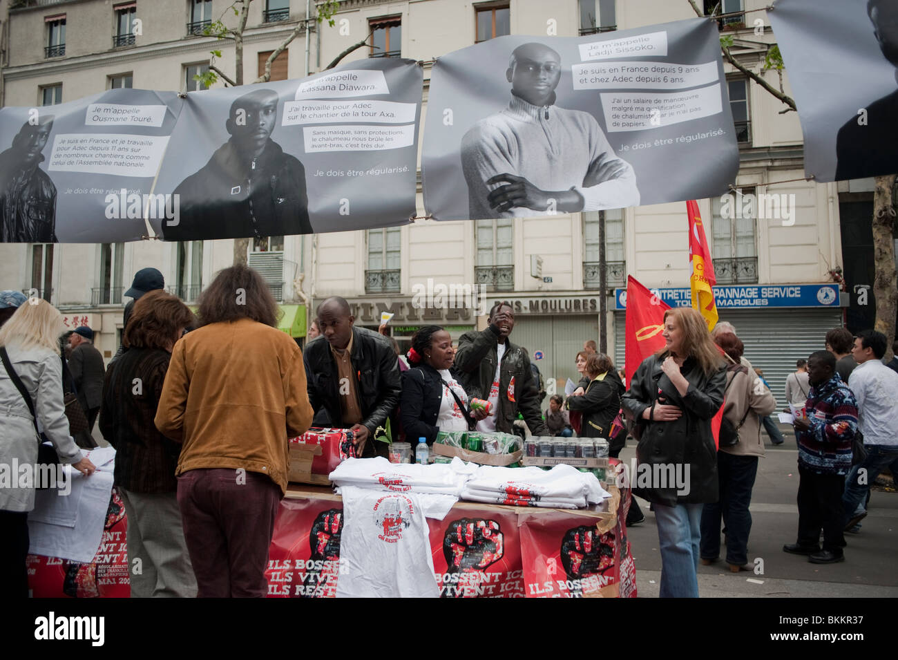 France's leading trade unions, with African Immigrants, Demonstrating inlabor day may Demonstration, Paris, France, Migrants, street posters Stock Photo