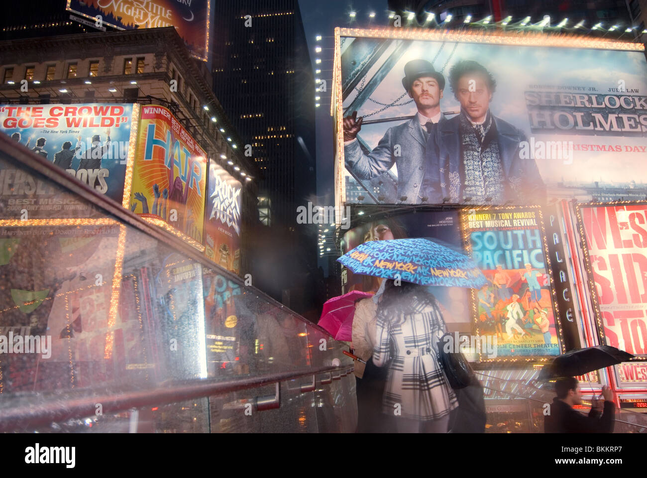 Times Square, New York at a rainy night with an abundance of Broadway billboards. Stock Photo