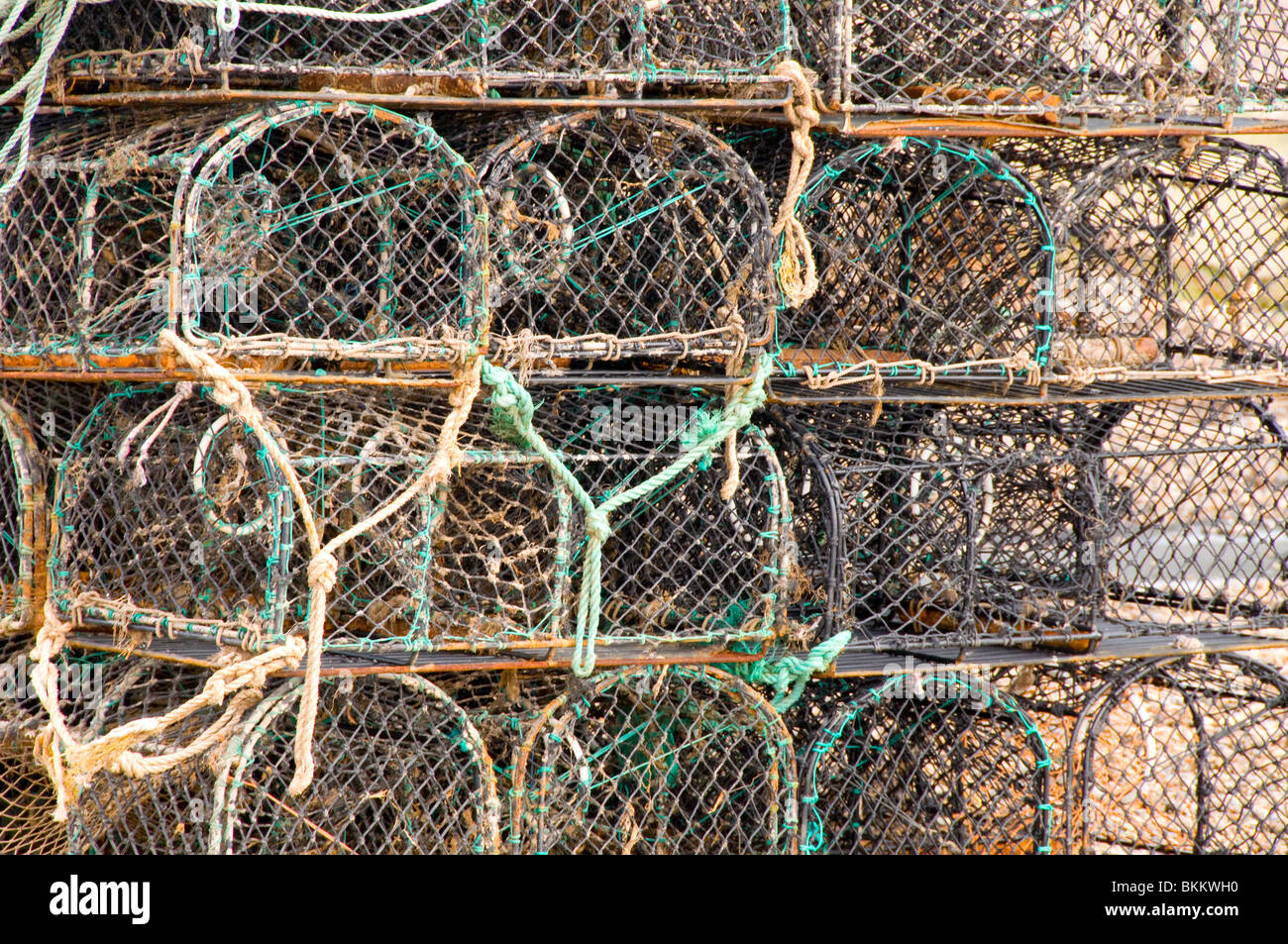 Lobster pots on beach at Aldeburgh Stock Photo