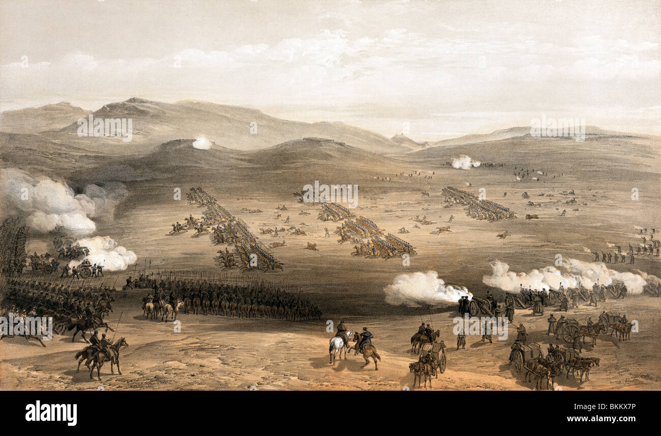 Vintage print circa 1855 depicting the famous Charge of the Light Brigade on October 25 1854 during the Crimean War. Stock Photo