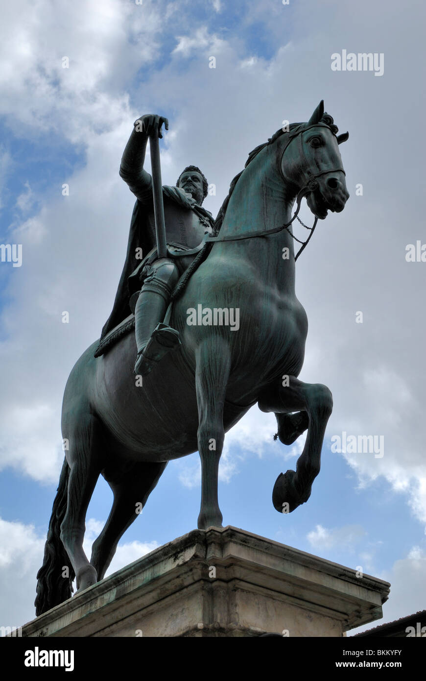 The equestrian statue of the Grand Duke of Tuscany Ferdinando I de Medici by Giambologna, also known as Giovanni da Bologna, in Stock Photo