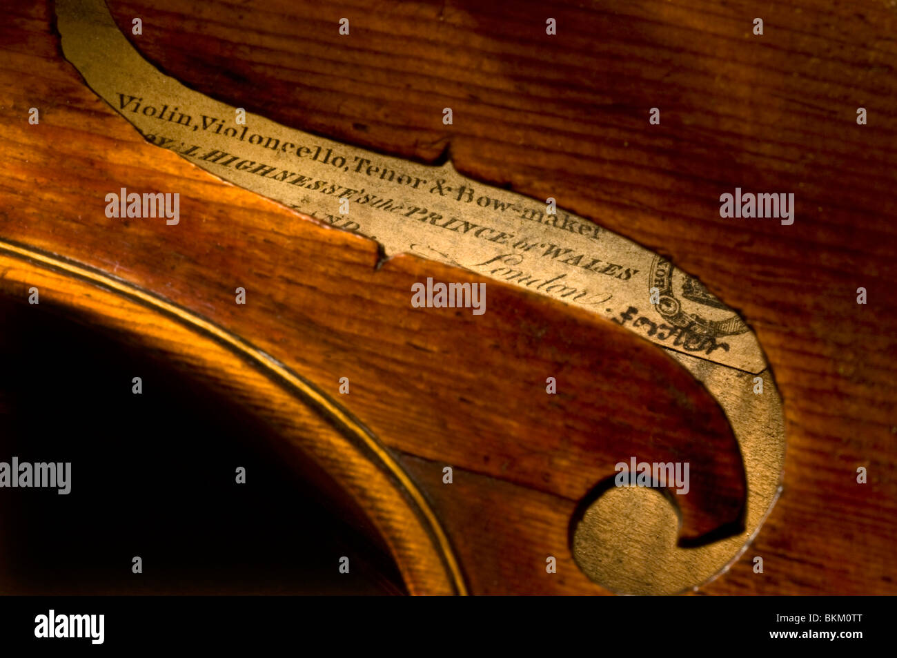 Violin Maker Signature Close view through the F sound hole to makers