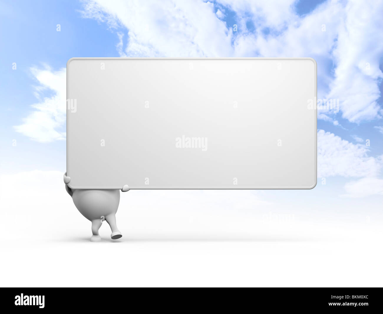 3D illustration of a cartoon character holding a large blank sign over blue sky background Stock Photo