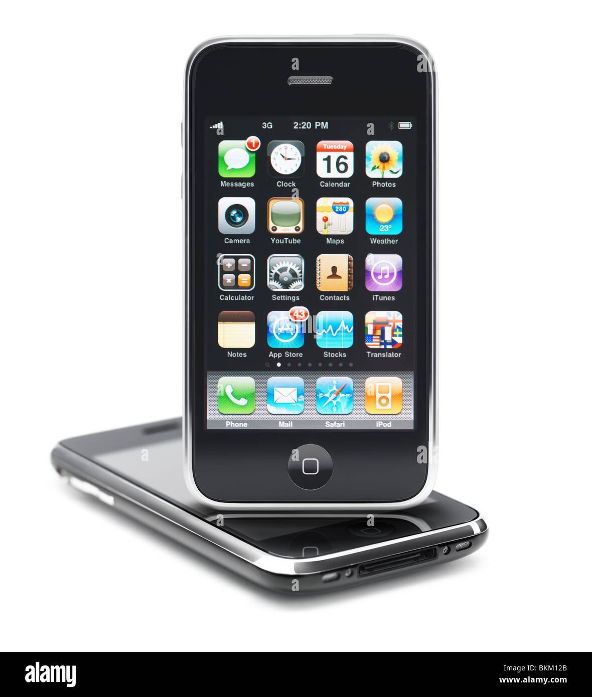 Apple iPhone 3Gs 3G smartphone with apps displayed on the screen isolated on white background. Stock Photo