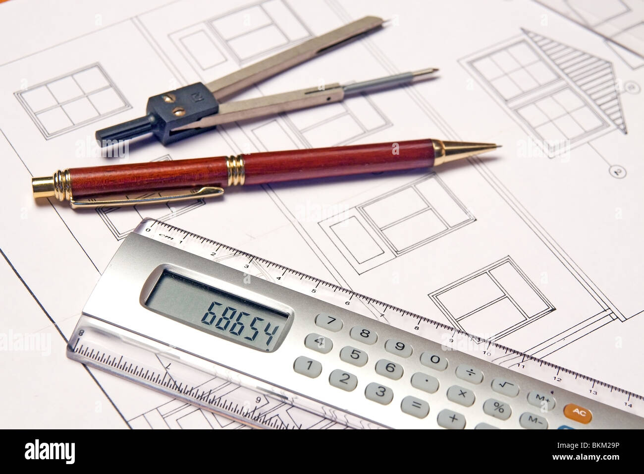 Architecture planning tools map pen pencil ruler calculator drawing compass  divider ; india ; asia Stock Photo - Alamy