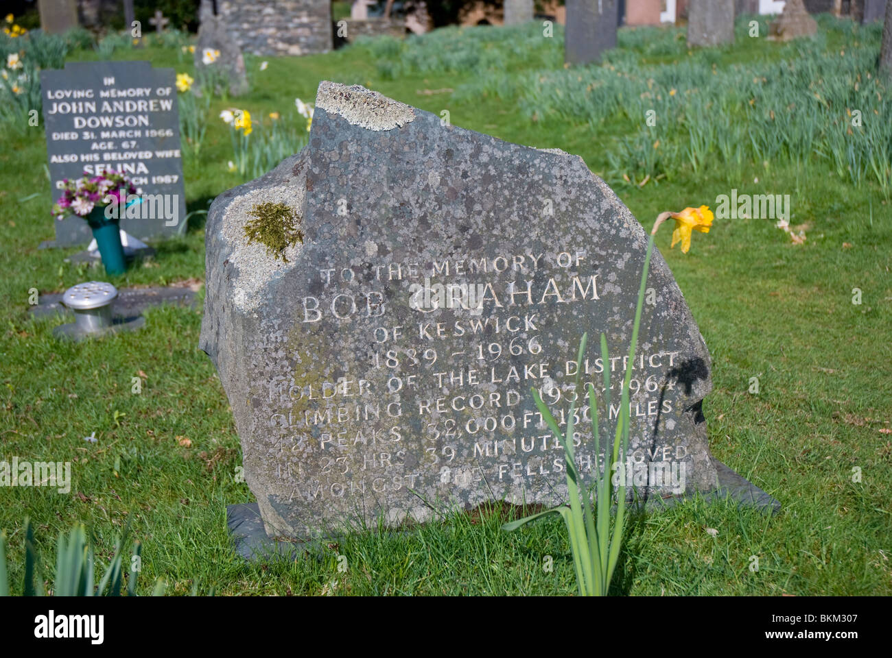 The grave of Bob Graham, legendary fell runner, Borrowdale Church, Stonethwaite Stock Photo