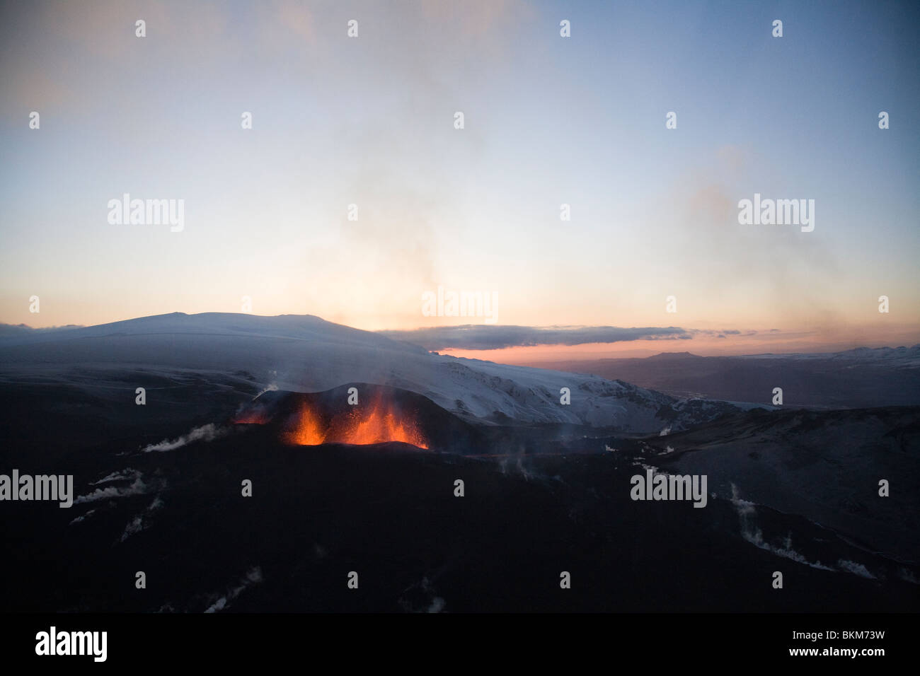 Iceland, March 26, 2010 : Volcanic eruption on Fimmvorduhals, South Iceland. Stock Photo