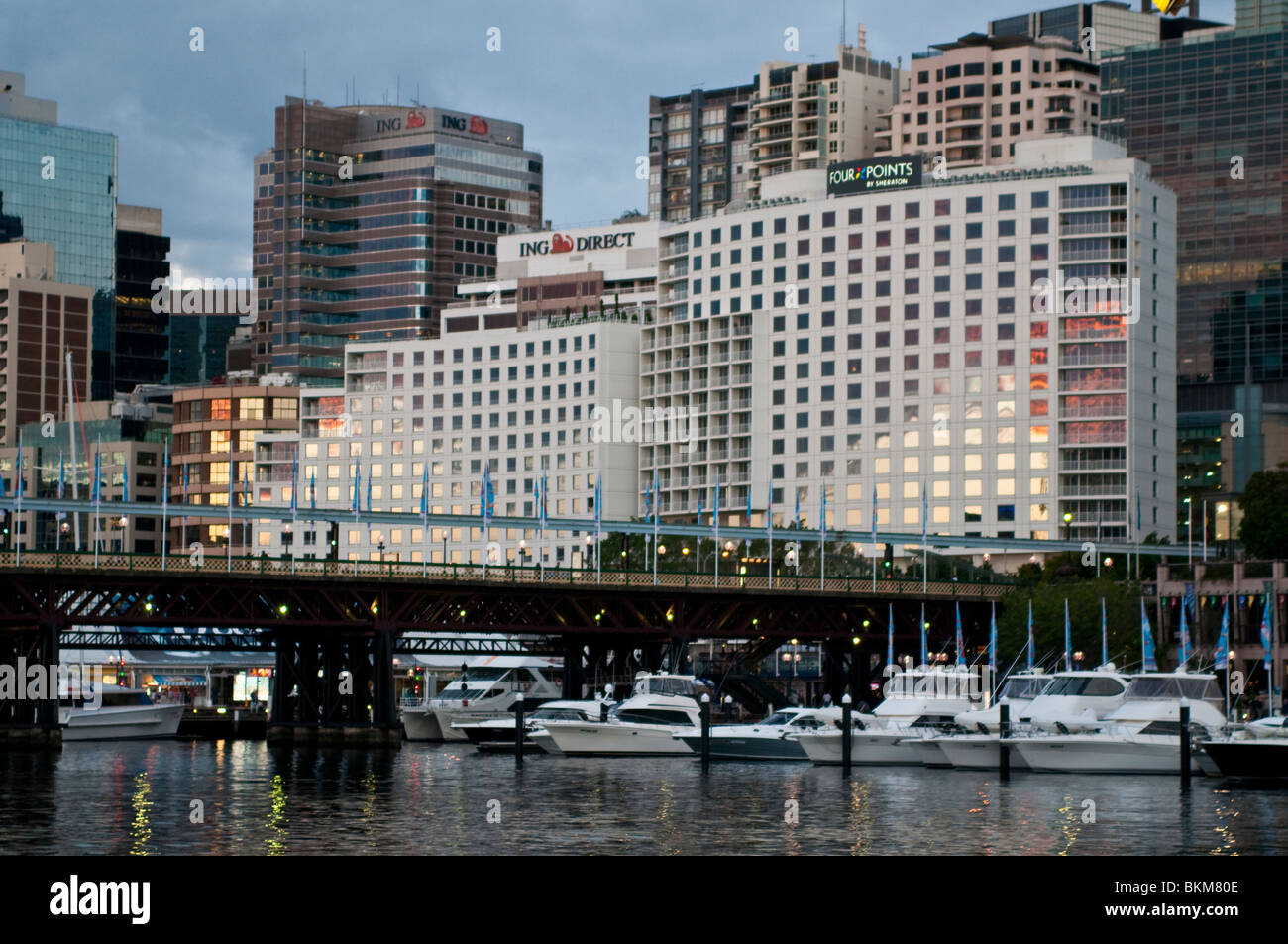 Pyrmont Bridge, Darling Harbour, and CBD buildings, Sydney, Australia Stock Photo