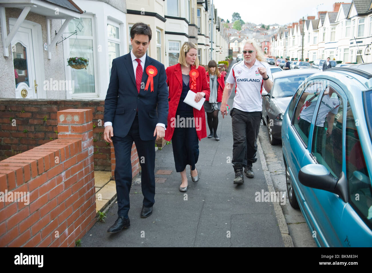 Labour Party politicians Jessica Morden and Ed Miliband campaigning during 2010 General Election in Newport East South Wales UK Stock Photo