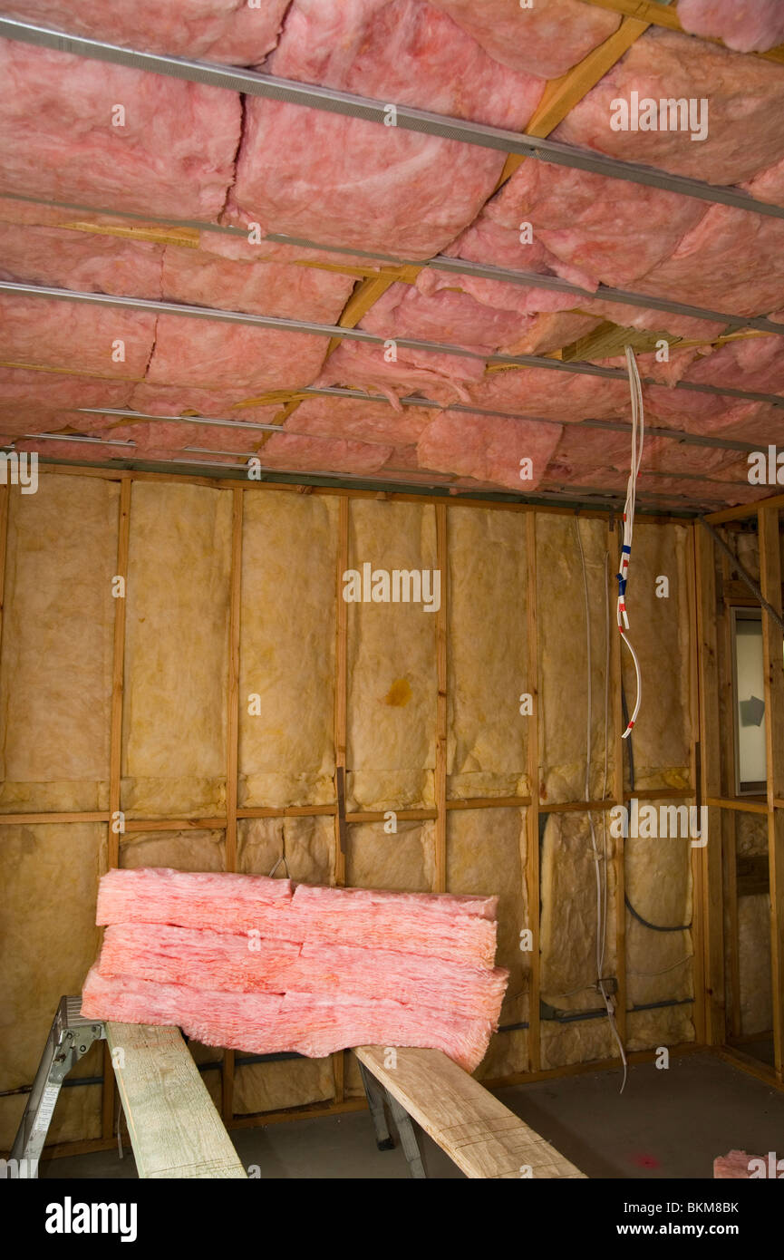fiberglass insulation in walls and ceiling of a new home under