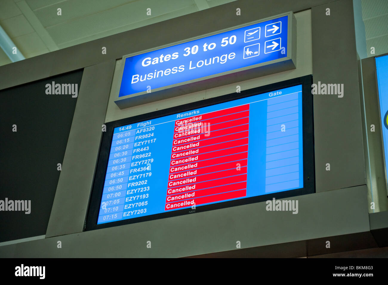 Airport business lounge all flights cancelled Stock Photo