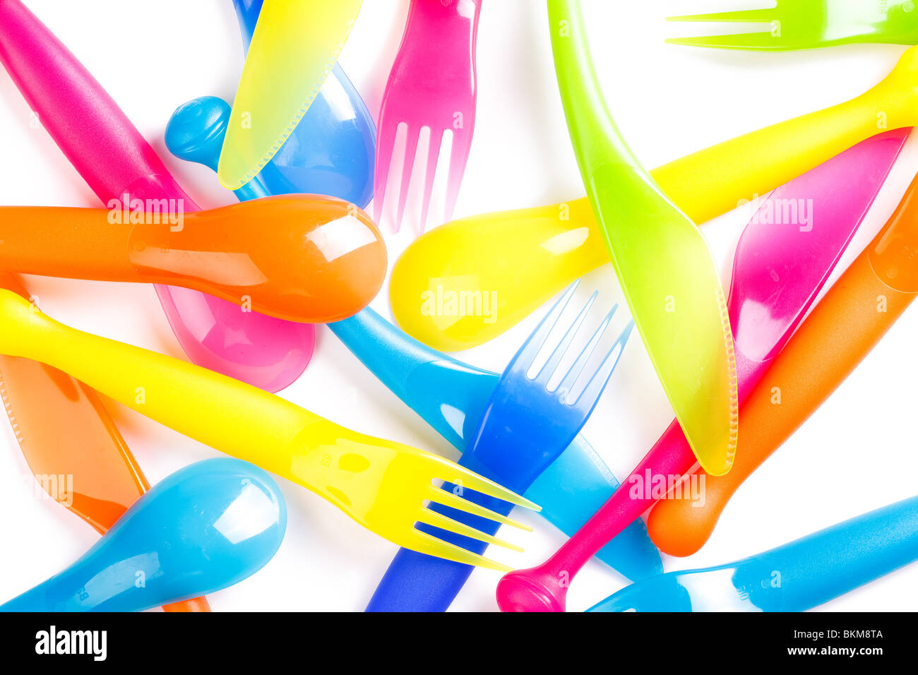 photo shot of colofulr plastic cutlery Stock Photo