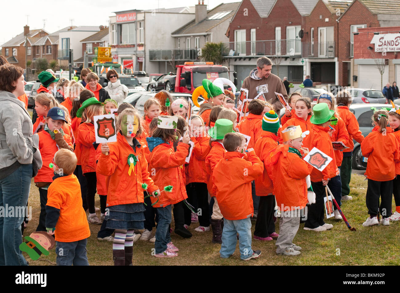 Children gathering at the start of the Saint Patrick's Day Parade in Skerries, County Dublin, Ireland 2010 Stock Photo