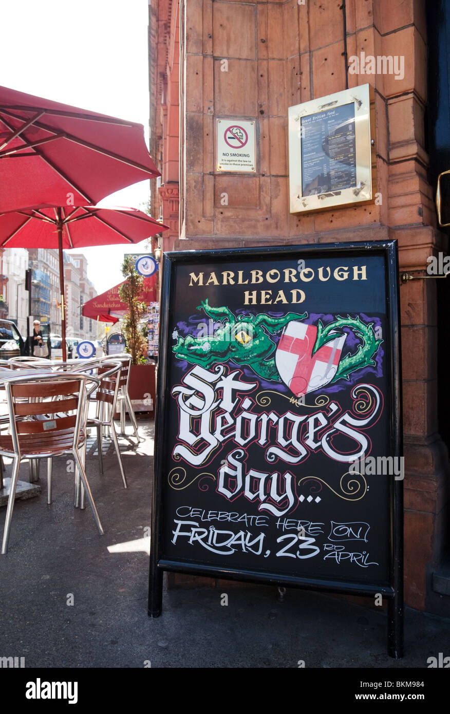 St Georges Day pub sign at the Marlborough Head Pub, Mayfair, Central London, UK Stock Photo