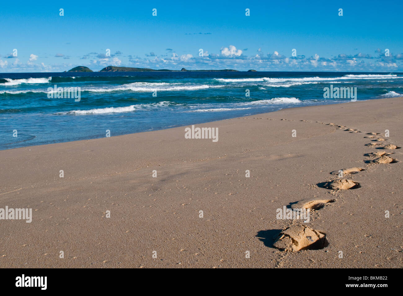 Footsteps in sand, Ocean beach north of Hawks Nest, NSW, Australia Stock Photo