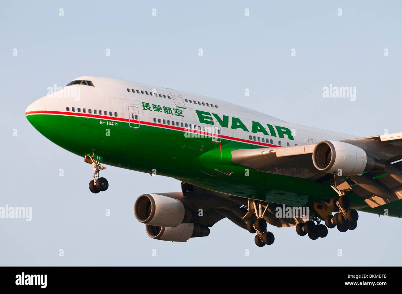 An EVA Air Boeing 747 jet airliner on final approach for landing at Vancouver International Airport (YVR). Stock Photo