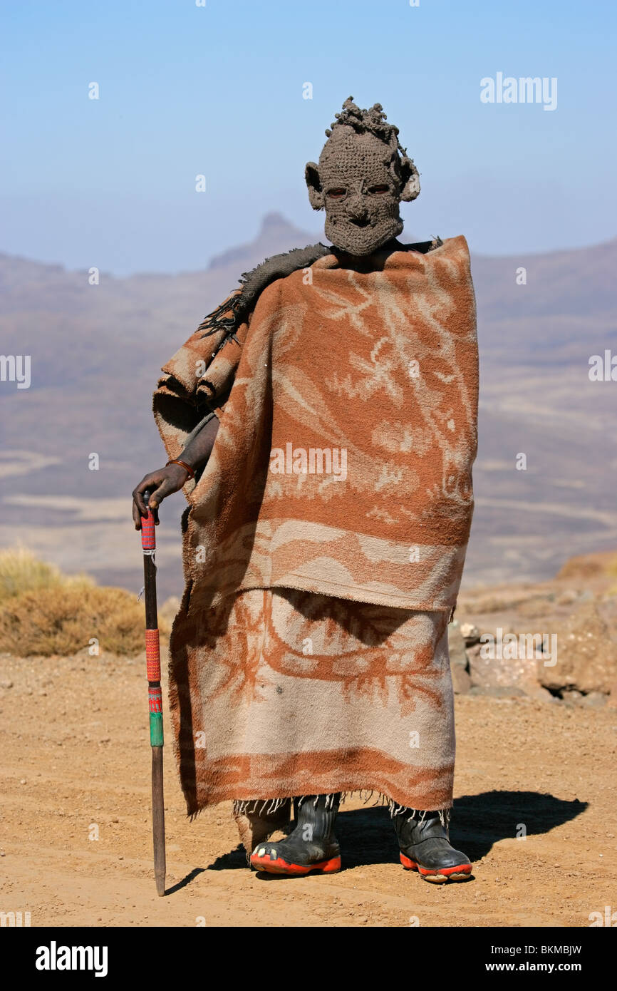 Basotho herdsman that lives with his livestock in the high Maluti mountains of the Kingdom of Lesotho, southern Africa Stock Photo