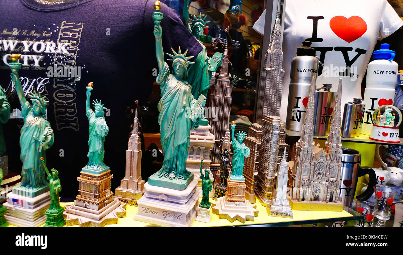 NYC souvenirs in store window, New York City, USA. Stock Photo