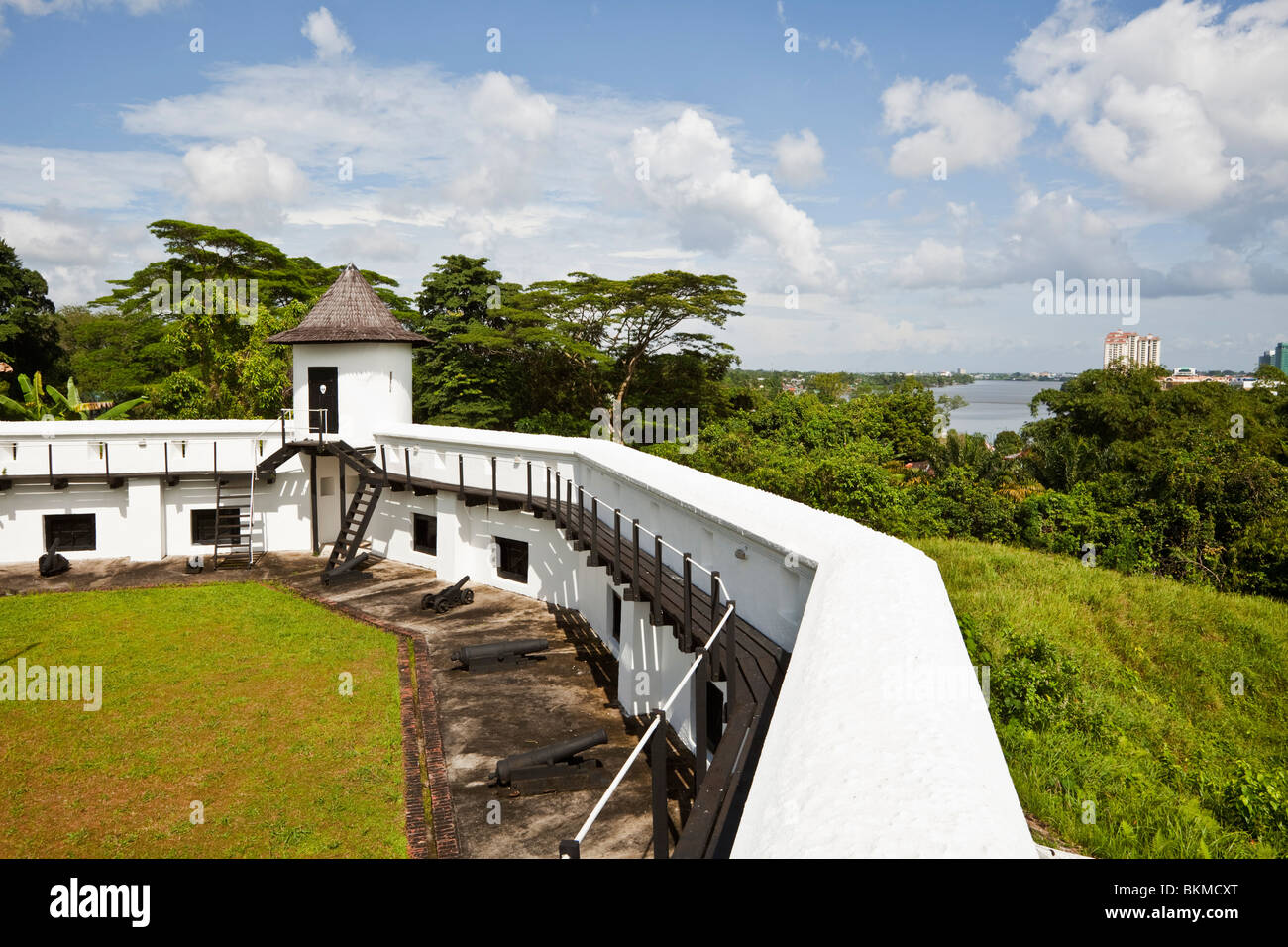 Fort Margherita - built by Charles Brooke in 1879, overlooking the city skyline. Kuching, Sarawak, Borneo, Malaysia. Stock Photo