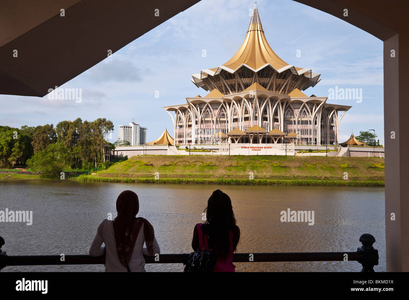 View across the Sarawak River to the new State Legislative Assembly. Kuching, Sarawak, Borneo, Malaysia. Stock Photo