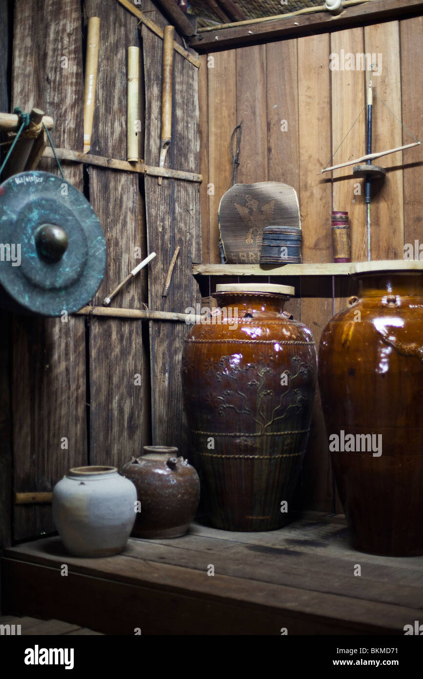 Interior of an Iban house at the Sarawak Cultural Village, Damai Beach. Kuching, Sarawak, Borneo, Malaysia. Stock Photo