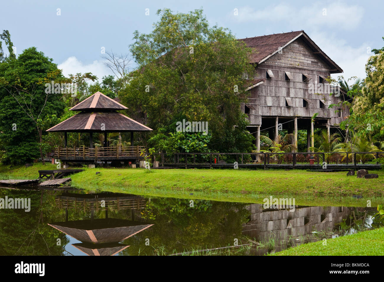 Melanau Tall House at the Sarawak Cultural Village, Beach. Kuching, Sarawak, Borneo, Malaysia. Stock Photo