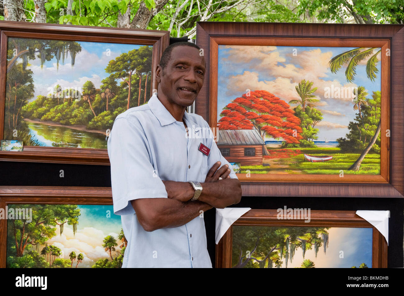 African American artist Jimmy Stovall one of the famous Highwaymen a group of Florida artists selling art from their cars Stock Photo