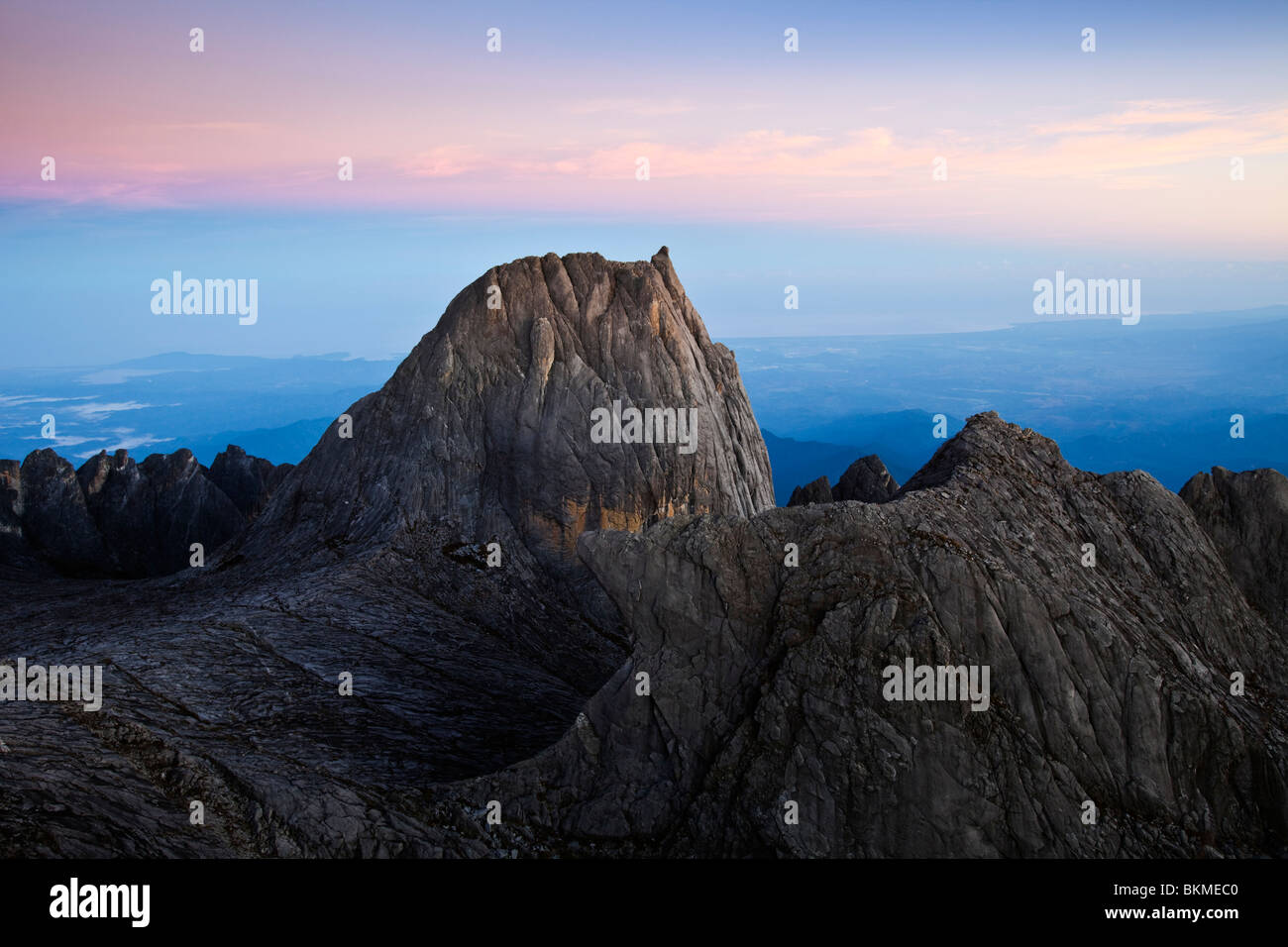 Dawn view from the summit of Mt Kinabalu at Low's Peak. Kinabalu National Park, Sabah, Borneo, Malaysia. Stock Photo