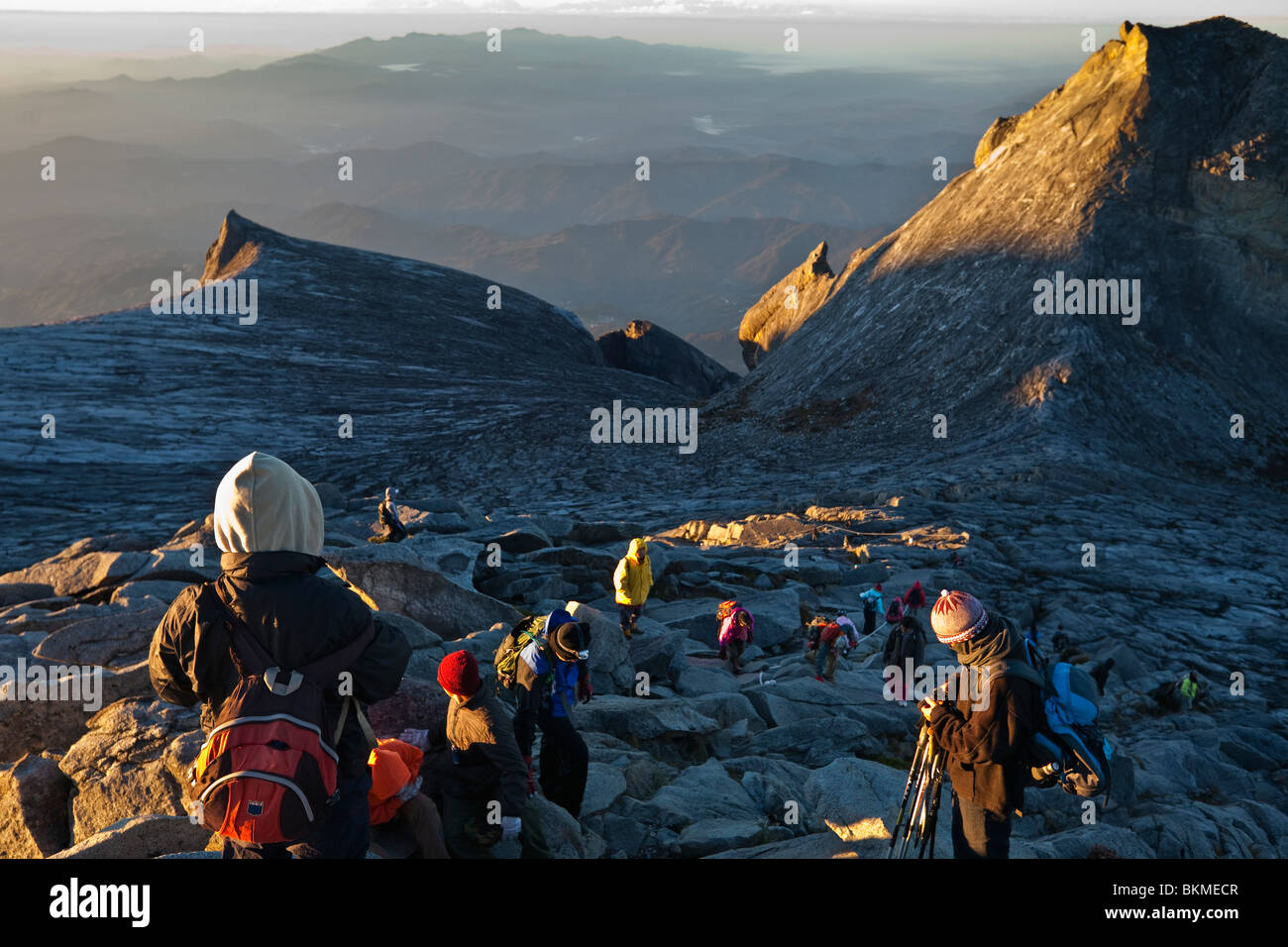 Climbers at the summit of Mt Kinabalu, at Low's Peak. Kinabalu National ...