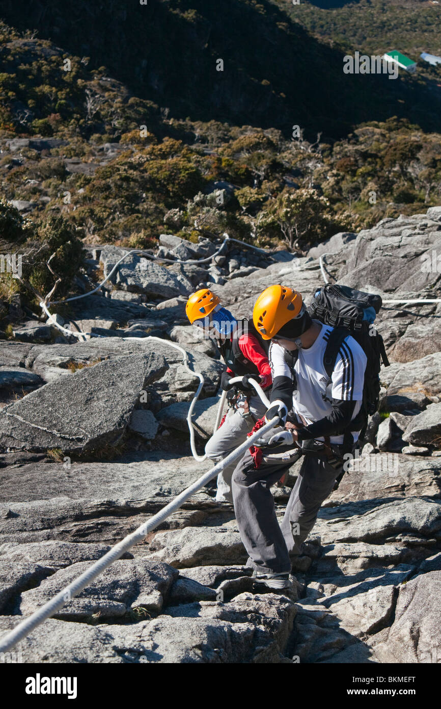 Climbers using ropes to descend the rockface of Mt Kinabalu. Kinabalu