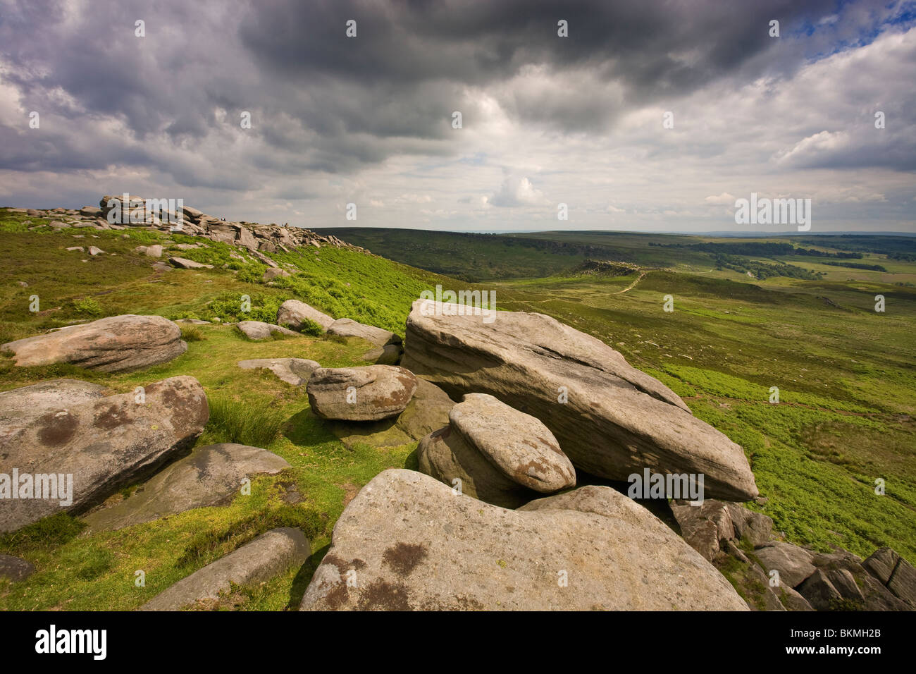 Hathersage Moor - view from Higger Tor towards Carl Wark, Derbyshire, England Stock Photo