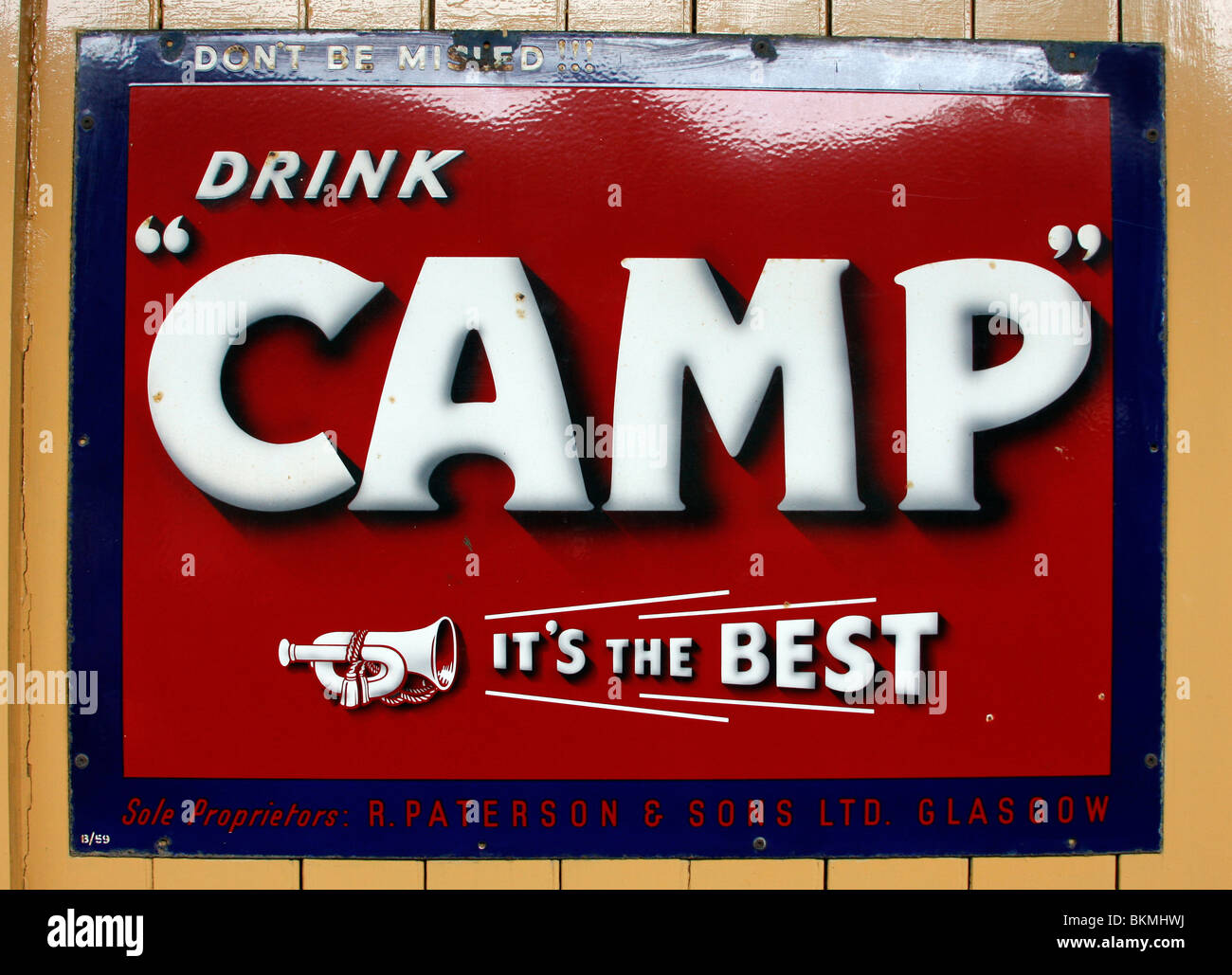 Old Advertising sign for Camp drink at the Bluebell Railway in Sussex Stock Photo