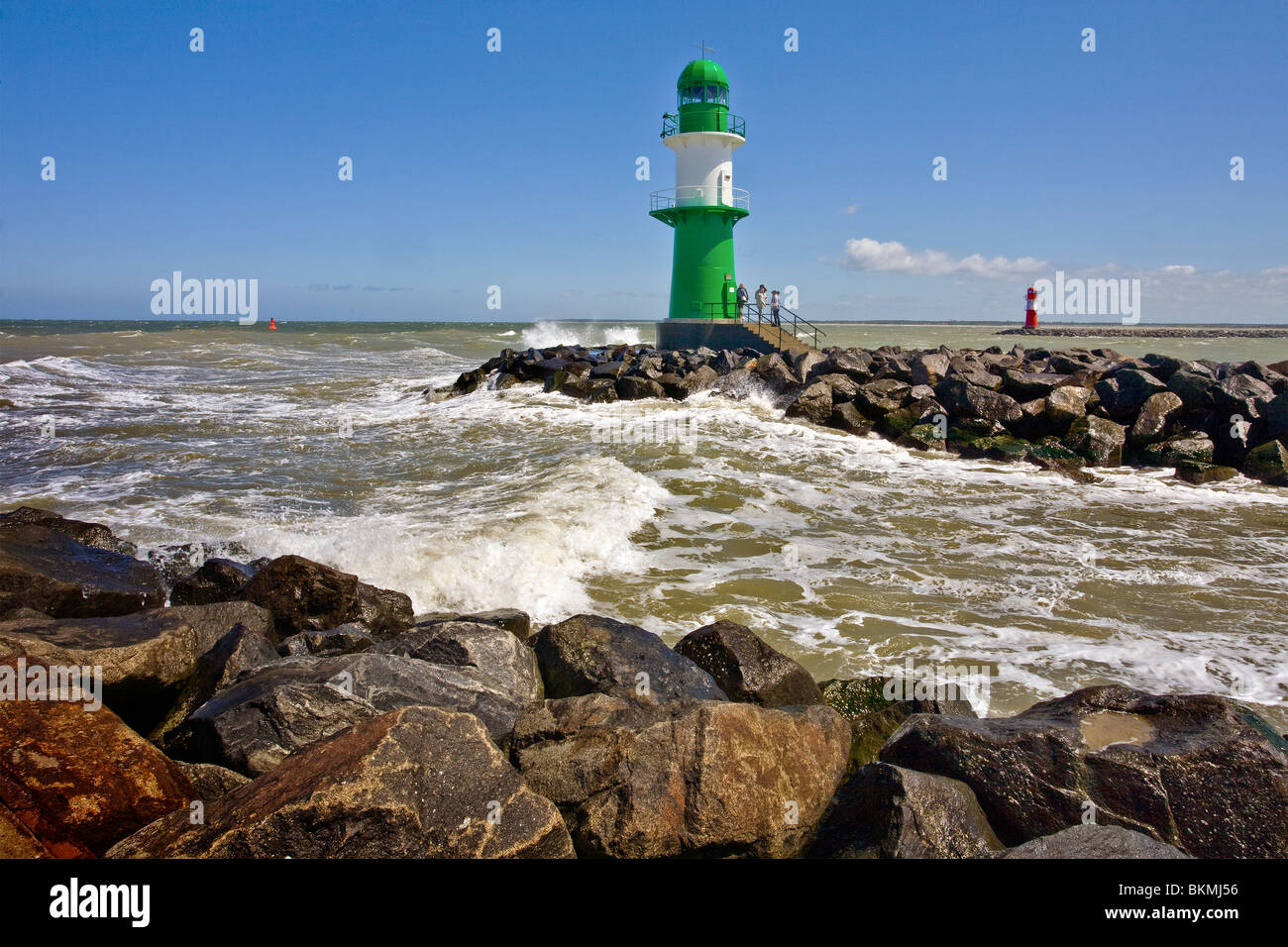 starboard and port lighthouses viewed from West pier, Warnemünde, Mecklenburg Vorpommern, Germany Stock Photo