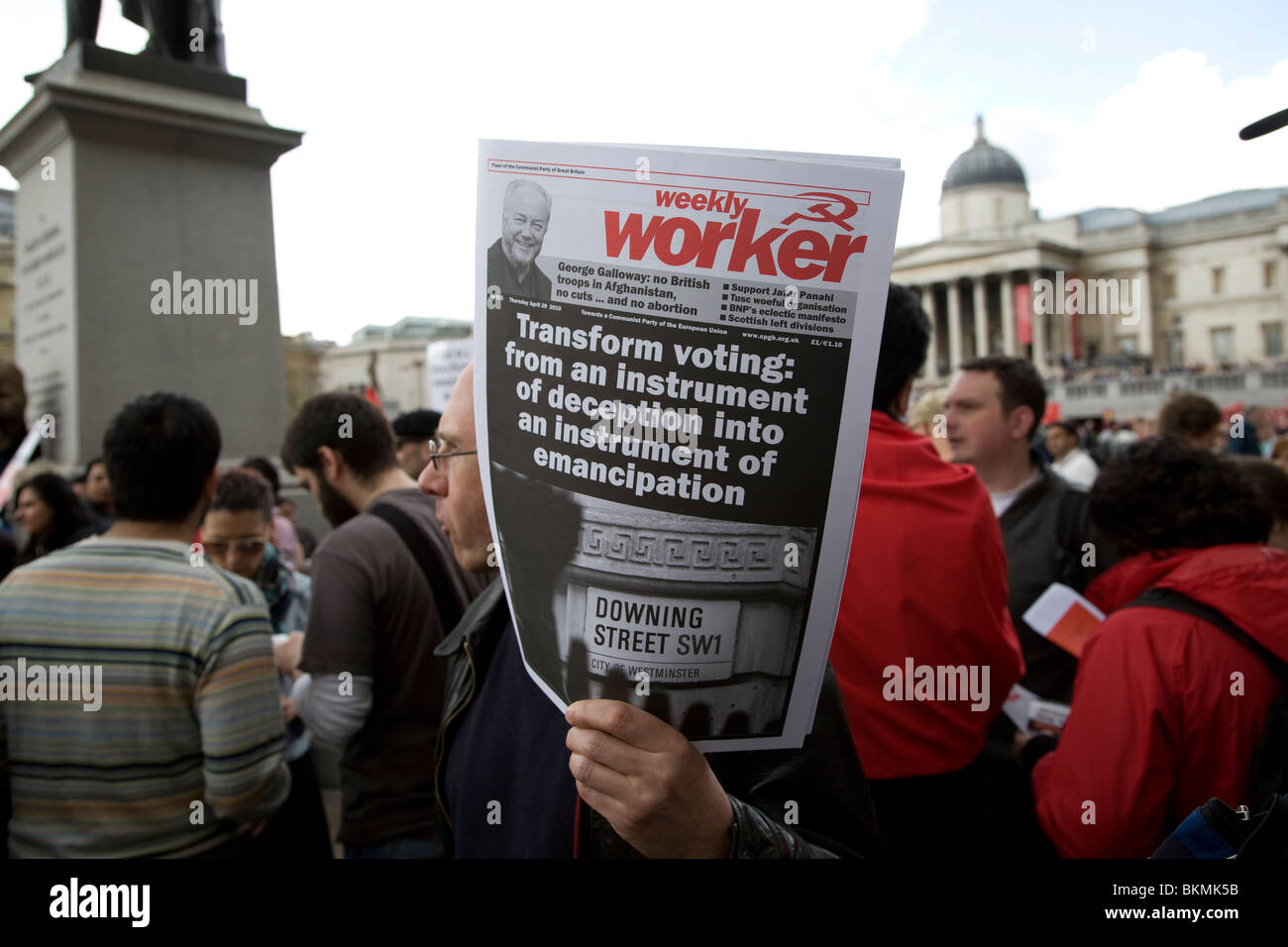May Day Trafalgar Square 2010 Weekly Worker newspaper paper of Communist Party of Great Britain (Provisional Central Committee) Stock Photo